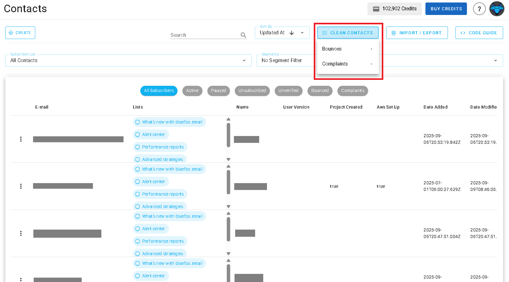 Screenshot of the subscriber lists page - clean list options