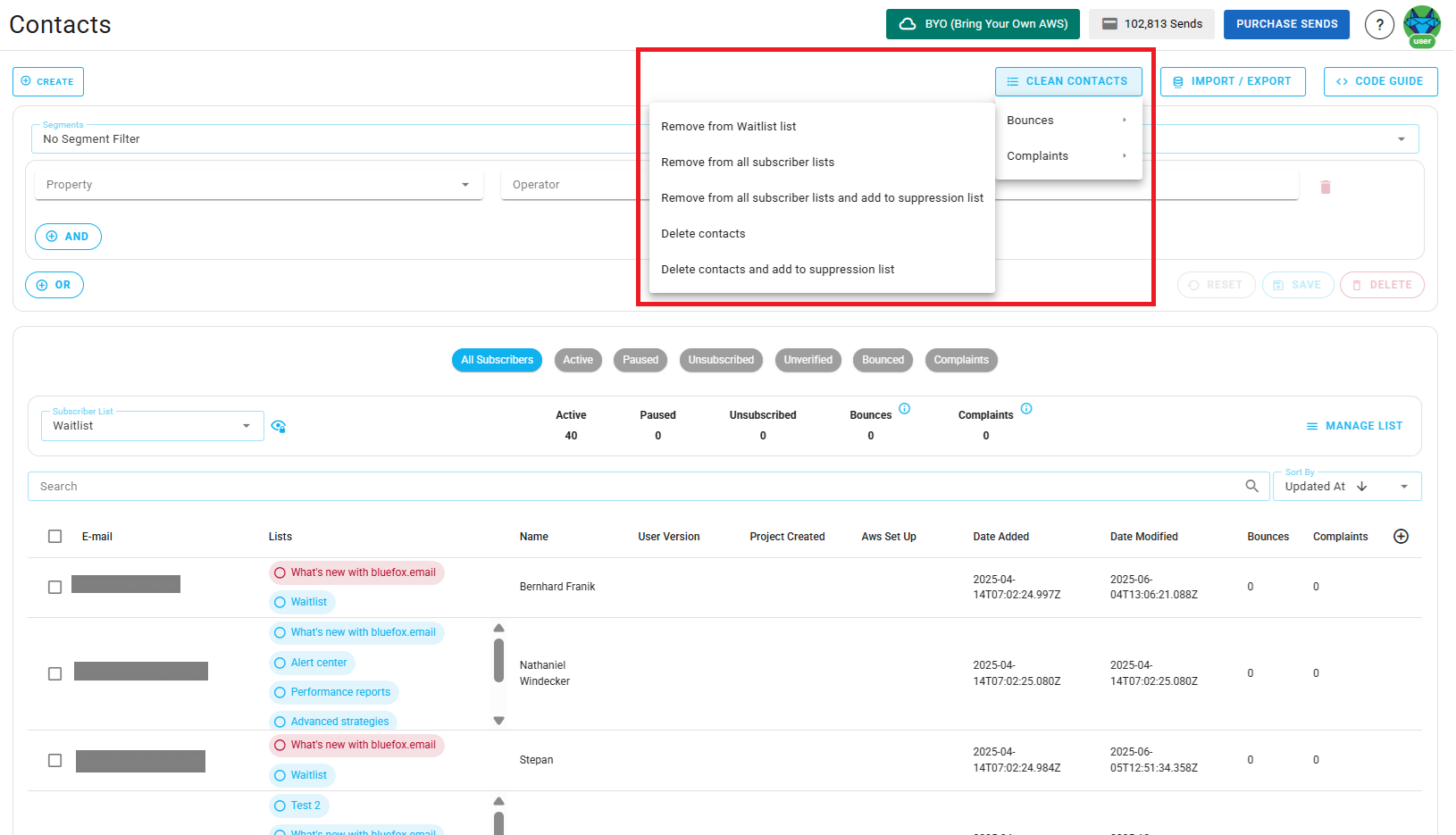 Screenshot of the subscriber lists page - clean list options remove or delete
