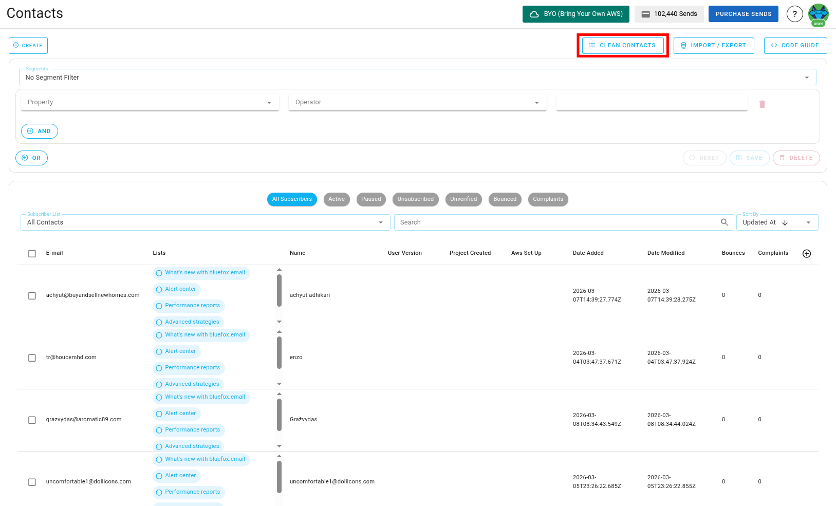 Screenshot of the subscriber lists page - clean list