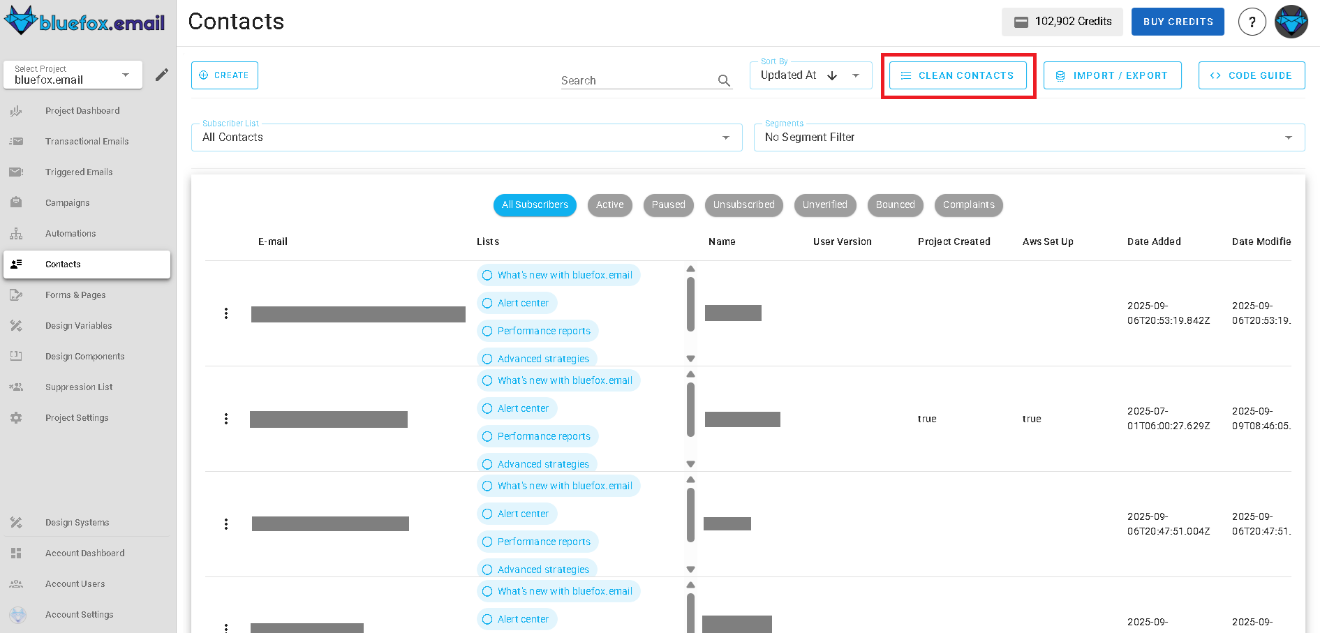 Screenshot of the subscriber lists page - clean list