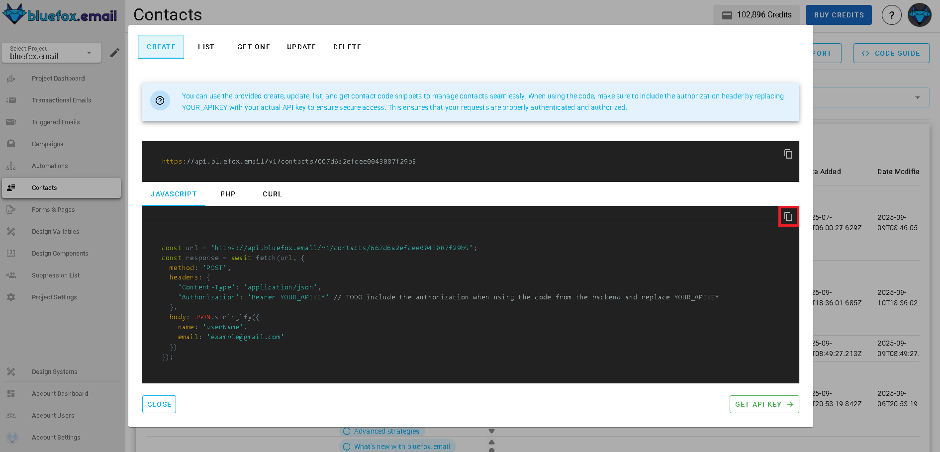 Screenshot of the subscriber lists page - code guide dialog