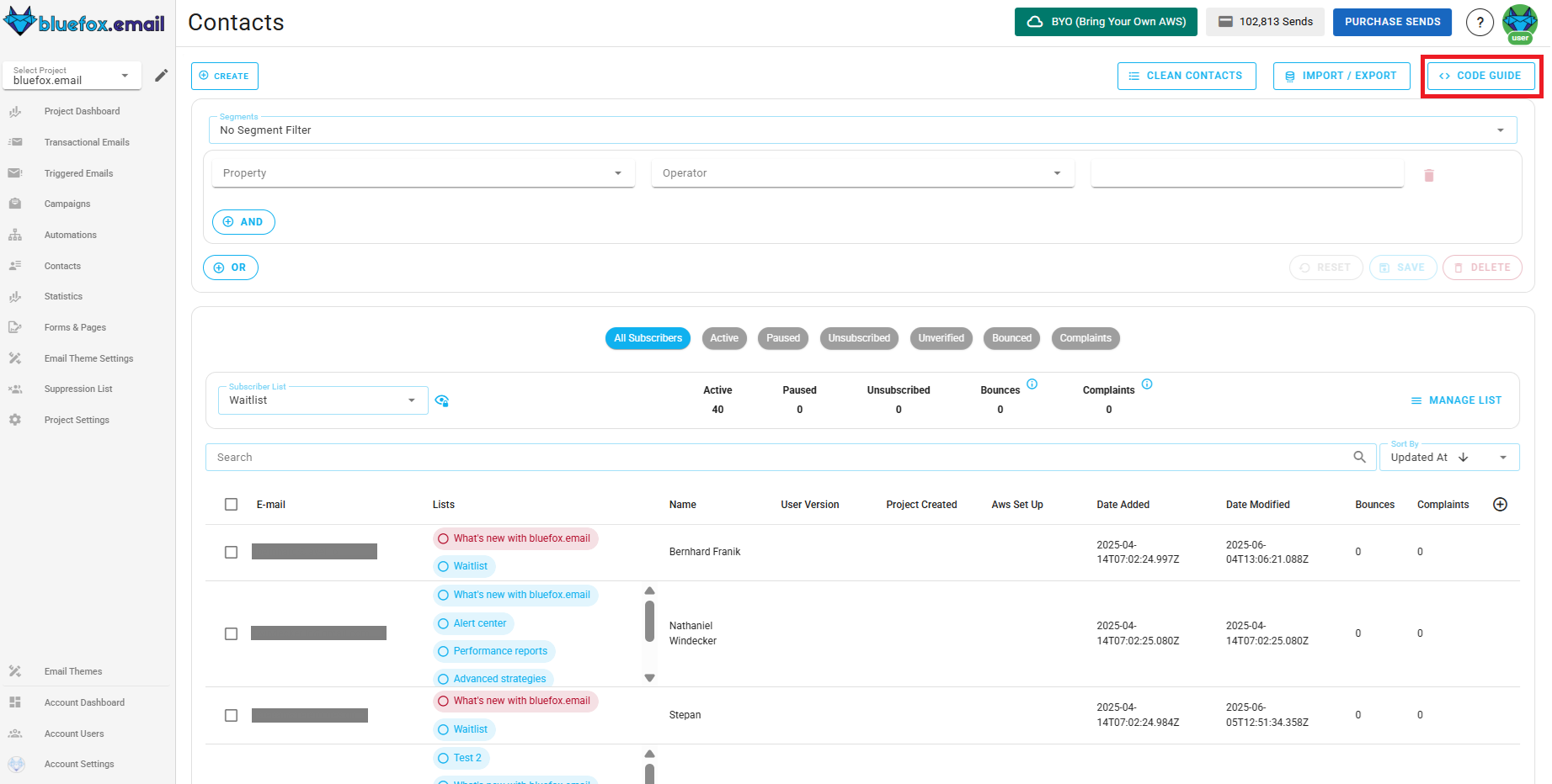 Screenshot of the subscriber lists page - code guide button highlighted