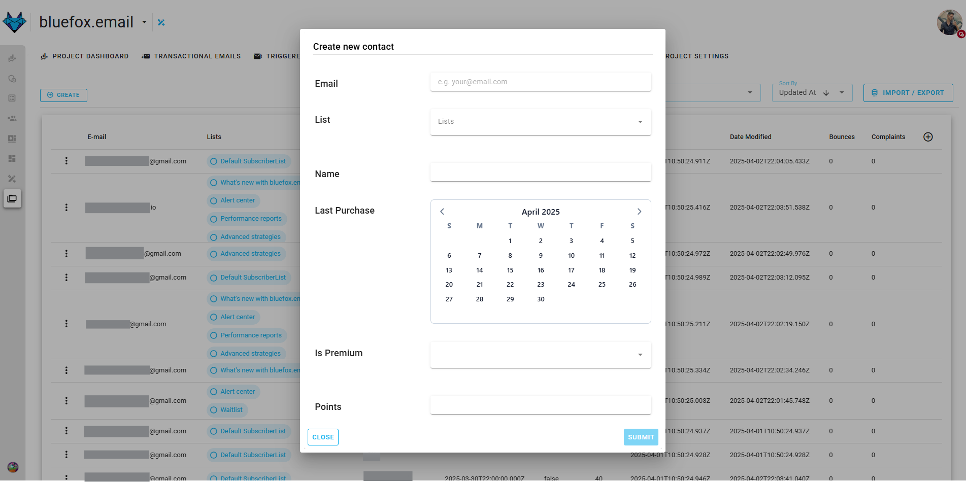 Screenshot of the subscriber lists page - create dialog