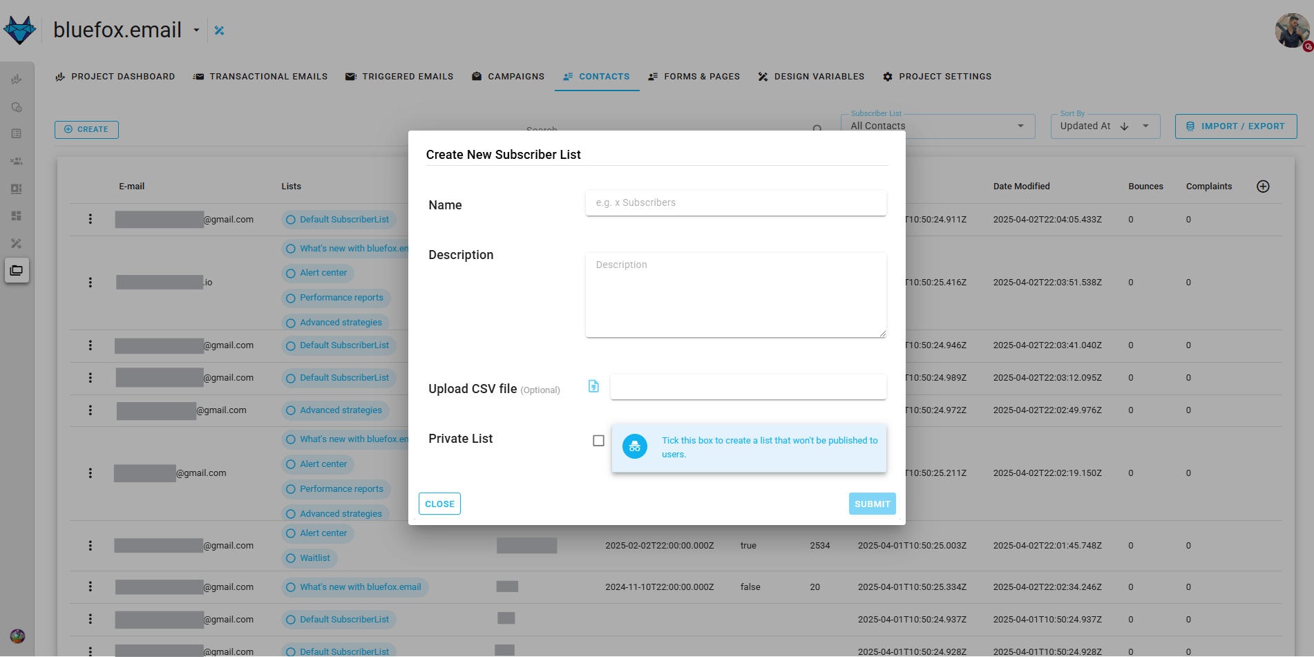 Screenshot of the subscriber lists page - create dialog