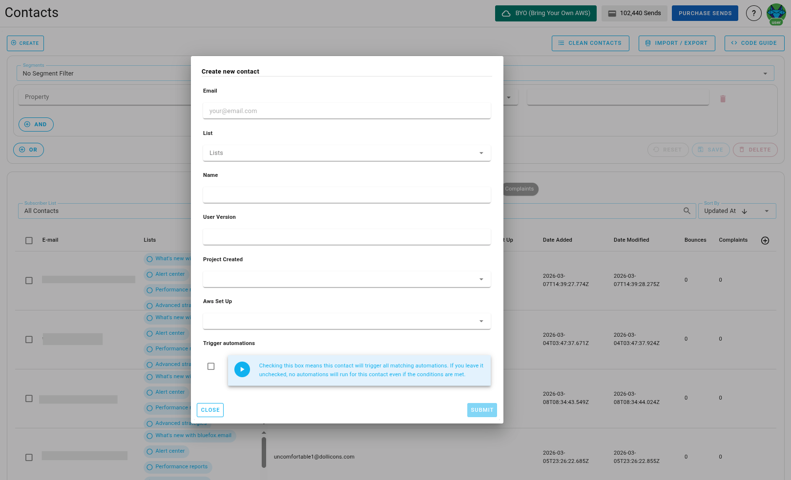 Screenshot of the subscriber lists page - create dialog