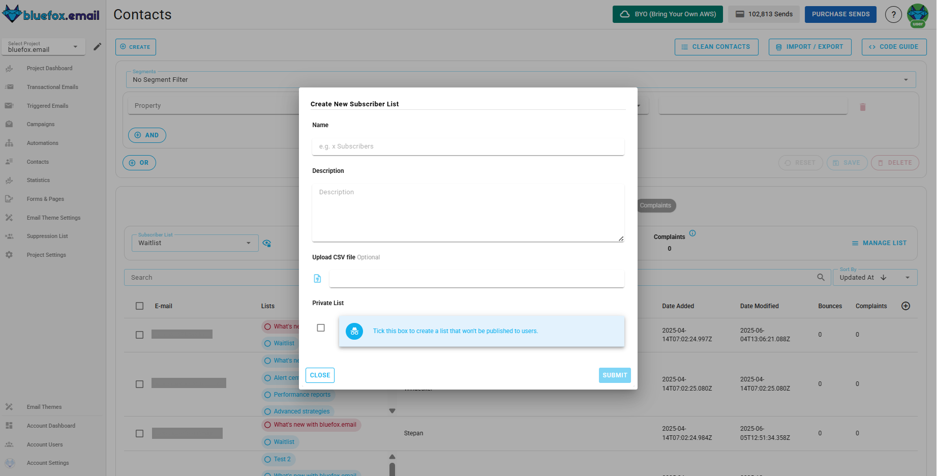 Screenshot of the subscriber lists page - create dialog