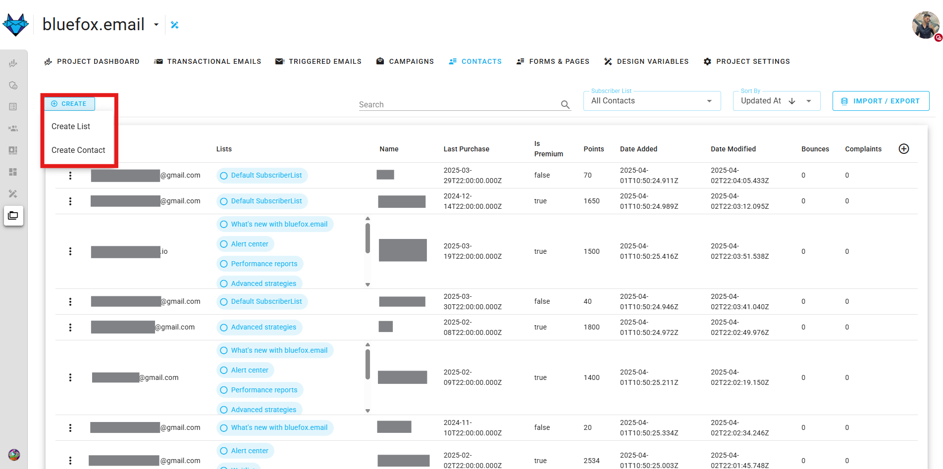 Screenshot of the subscriber lists page - create button highlighted
