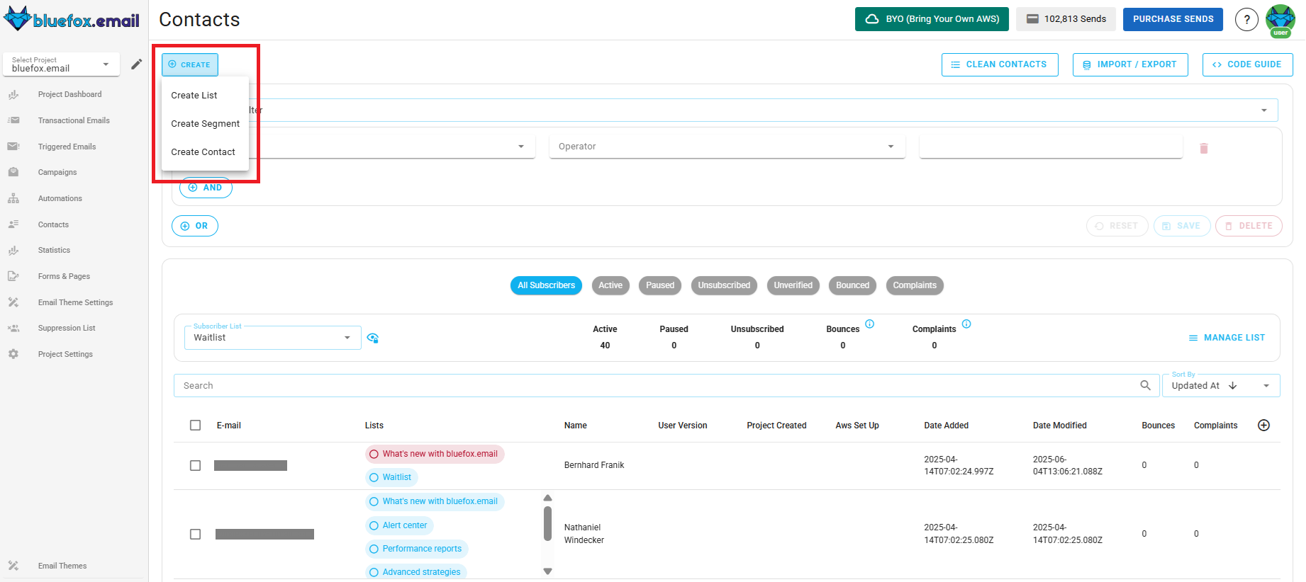 Screenshot of the subscriber lists page - create button highlighted