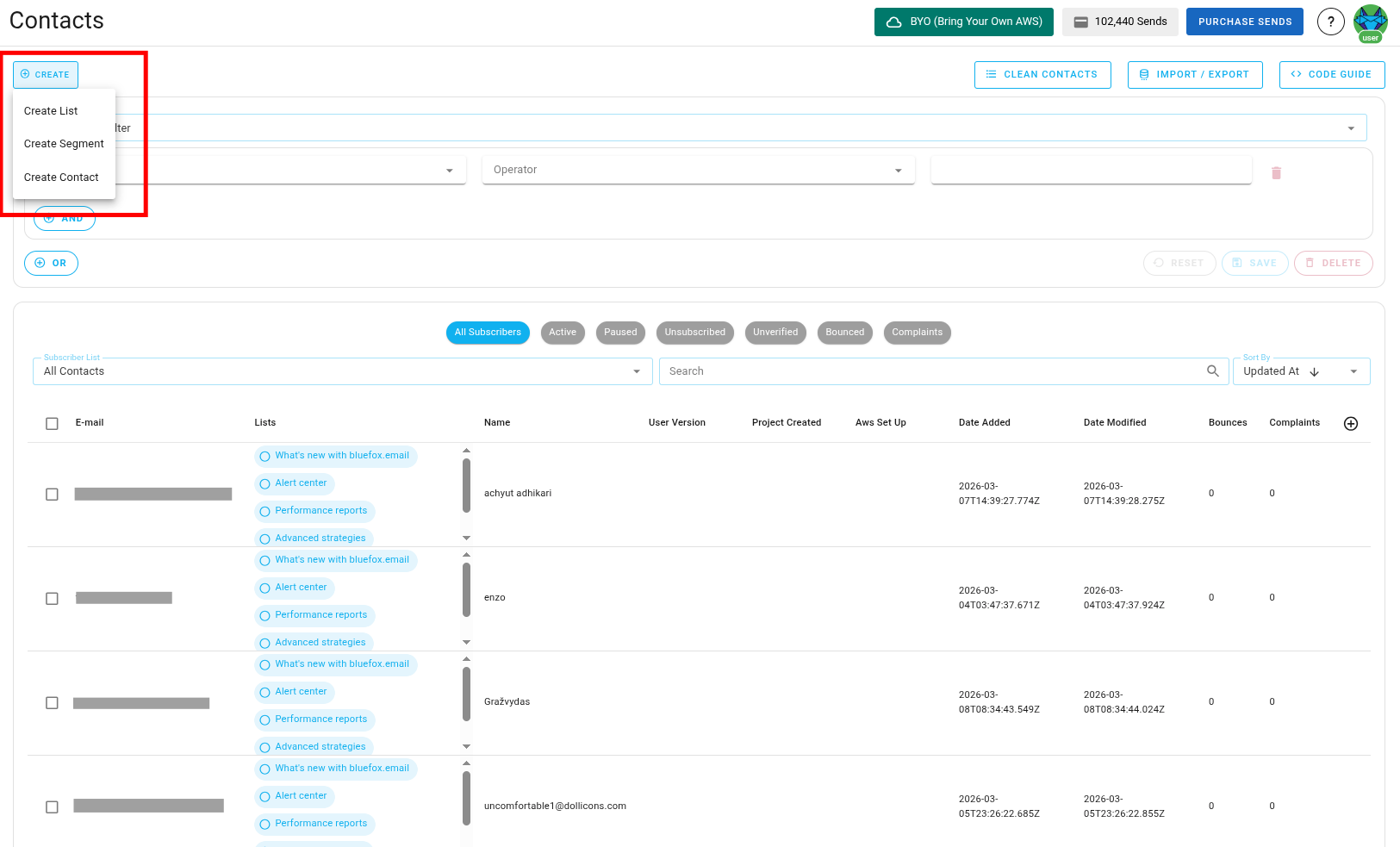 Screenshot of the subscriber lists page - create button highlighted