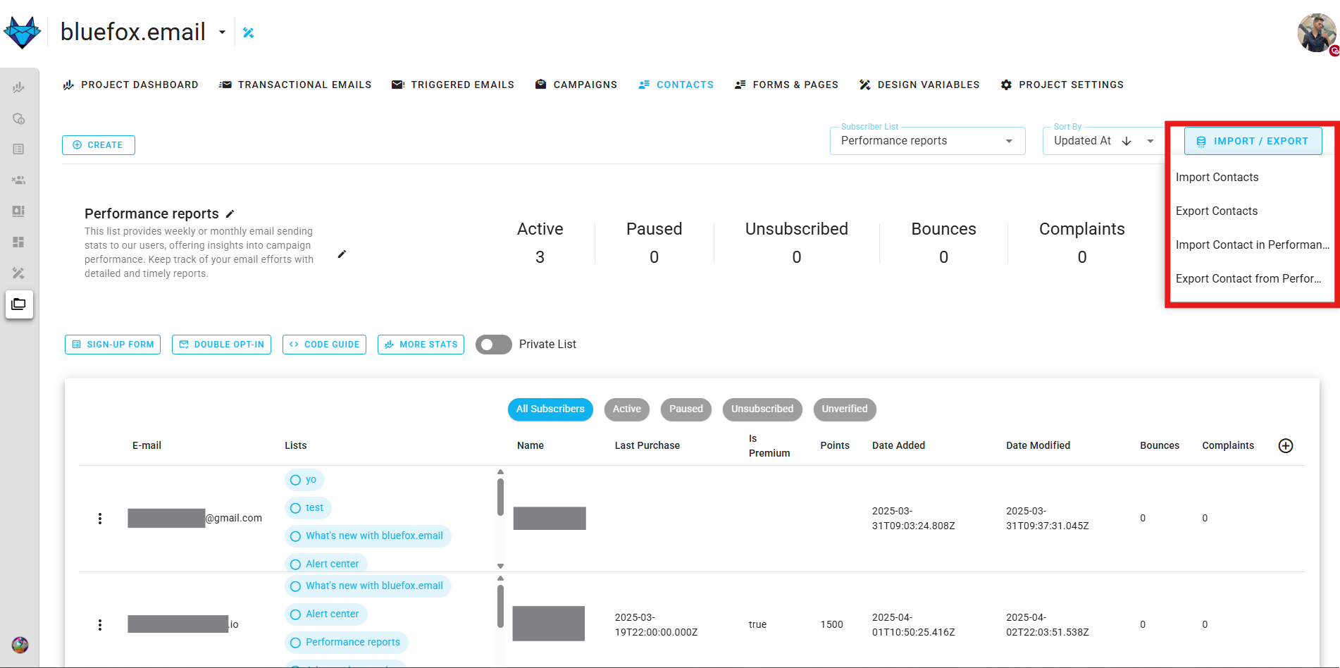Screenshot of the subscriber lists page - import or export CSV