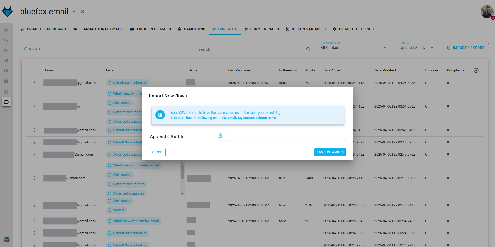 Screenshot of the subscriber lists page - import or export CSV