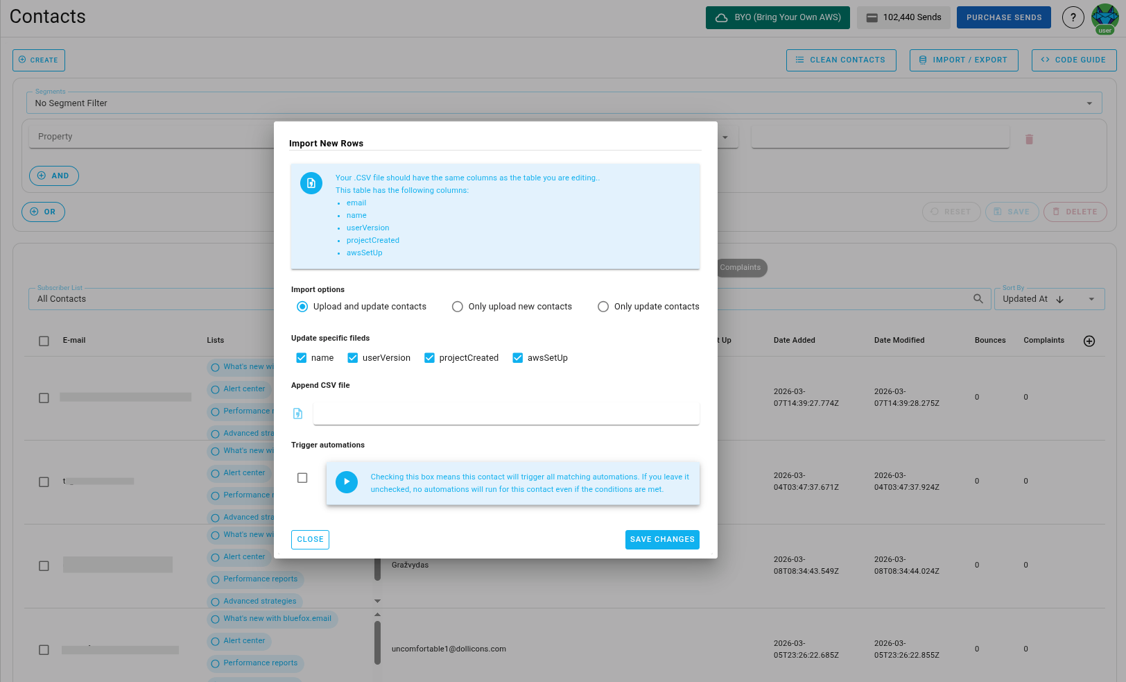 Screenshot of the subscriber lists page - import or export CSV