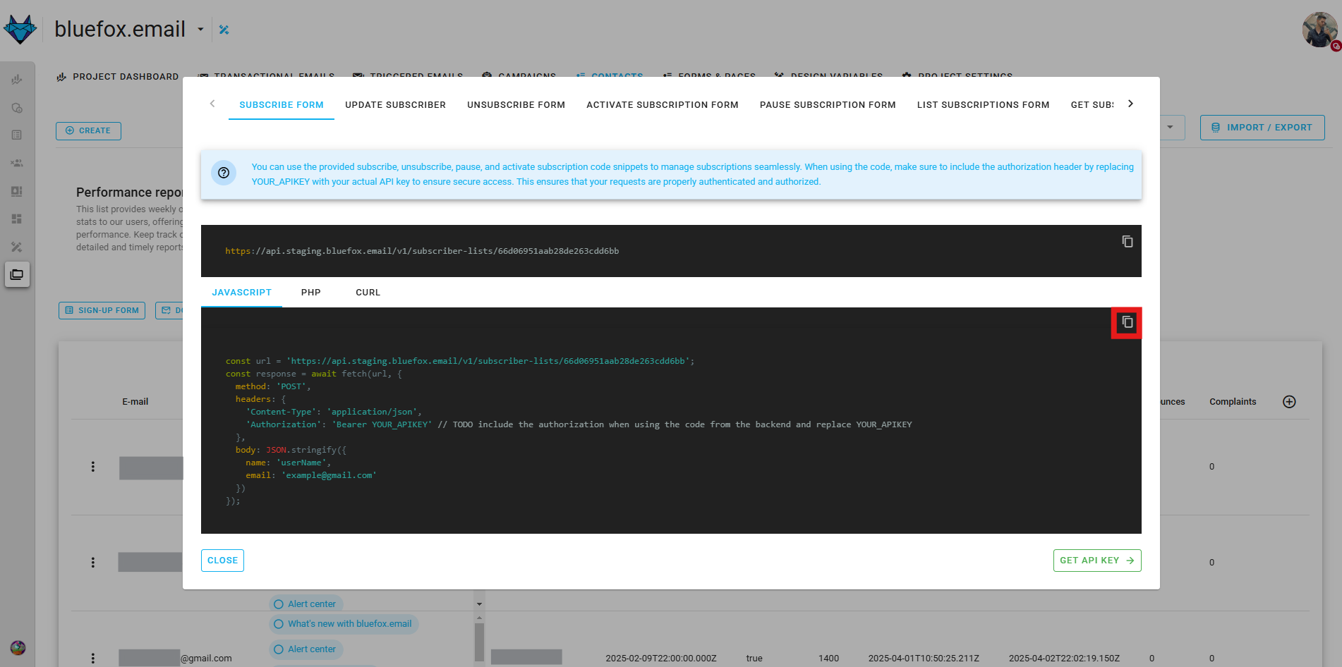 Screenshot of the subscriber lists page - code guide dialog
