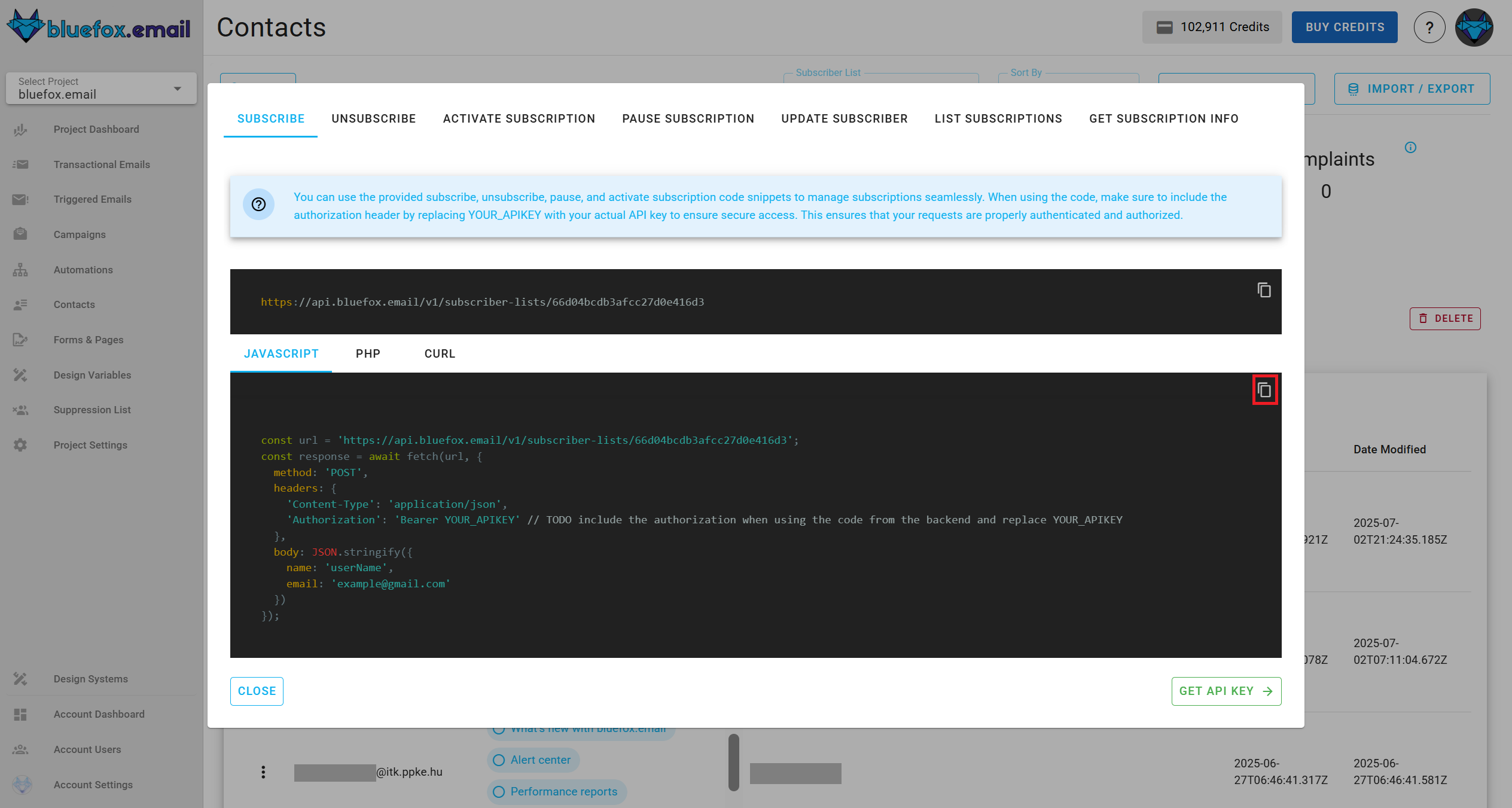 Screenshot of the subscriber lists page - code guide dialog