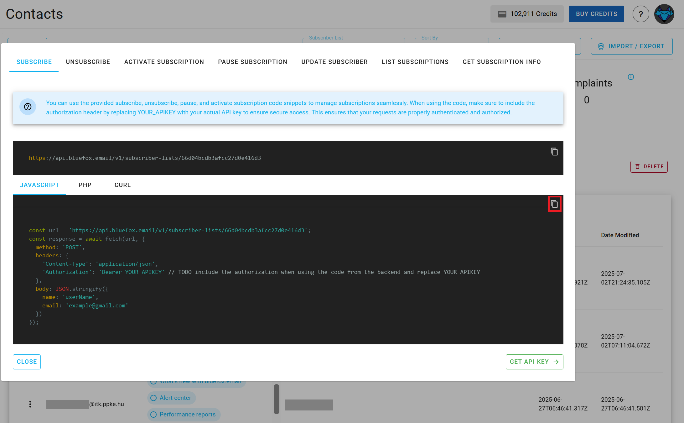 Screenshot of the subscriber lists page - code guide dialog