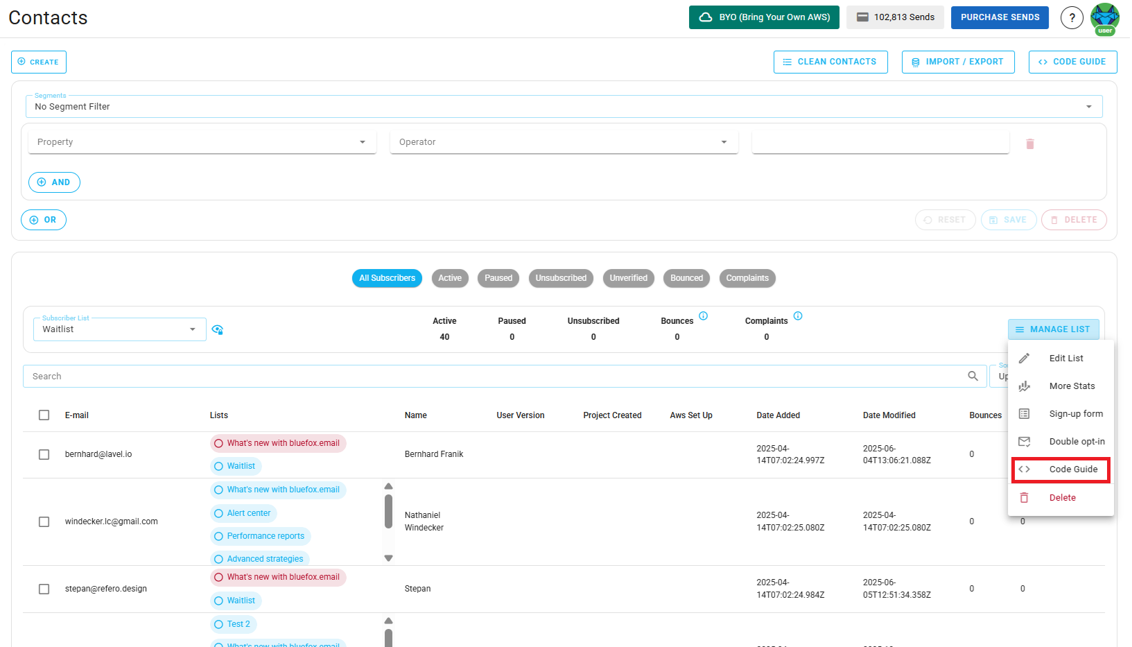 Screenshot of the subscriber lists page - code guide button highlighted