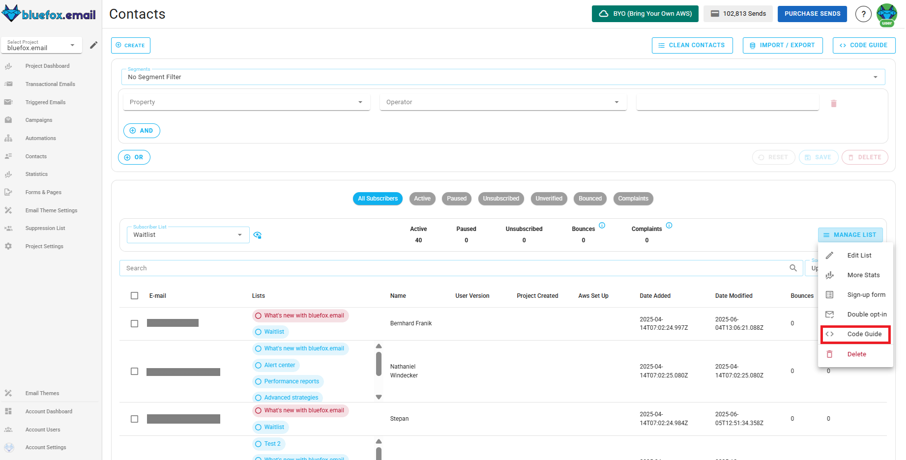 Screenshot of the subscriber lists page - code guide button highlighted