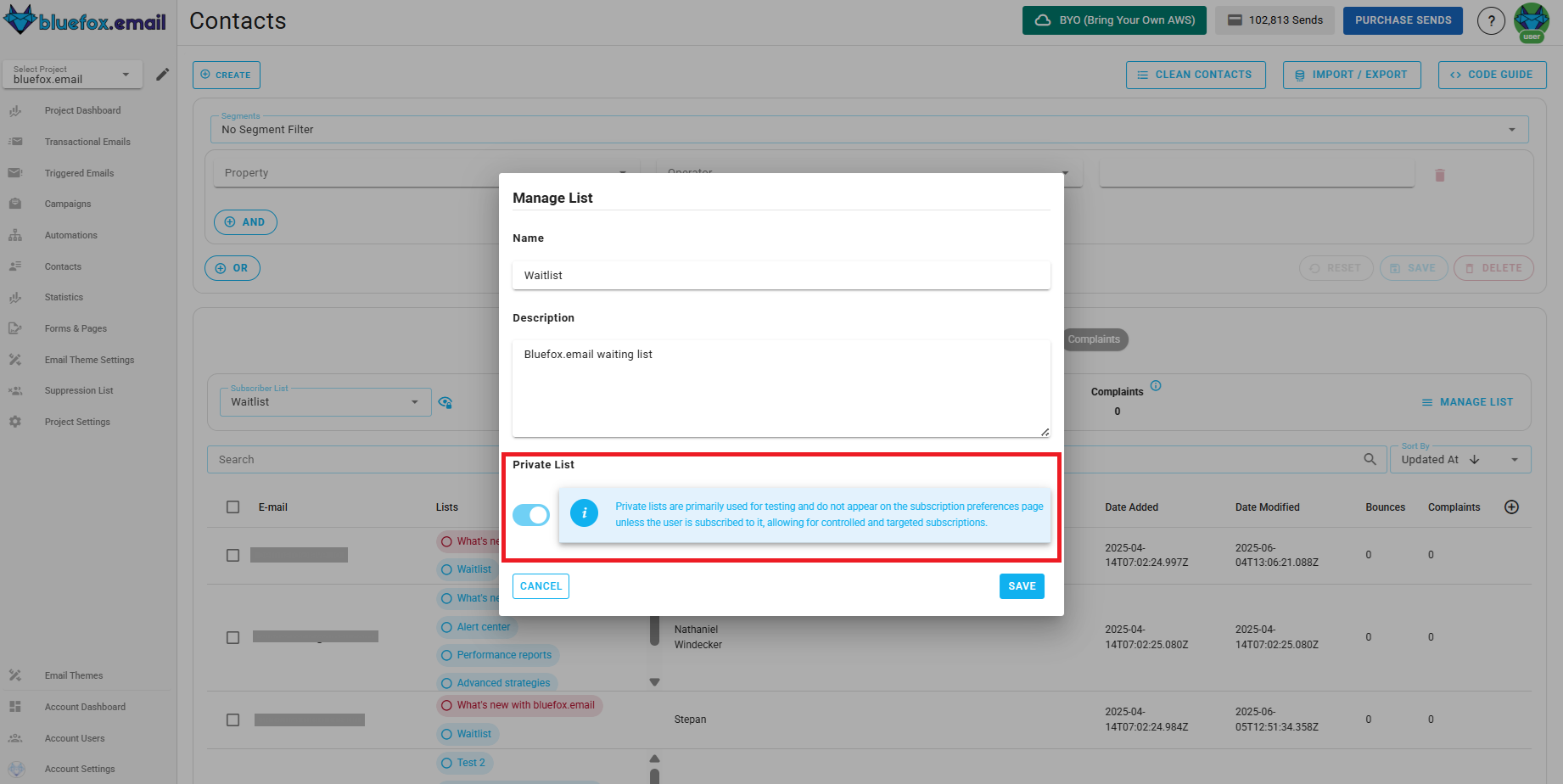 Screenshot of the subscriber lists page - public switch highlighted