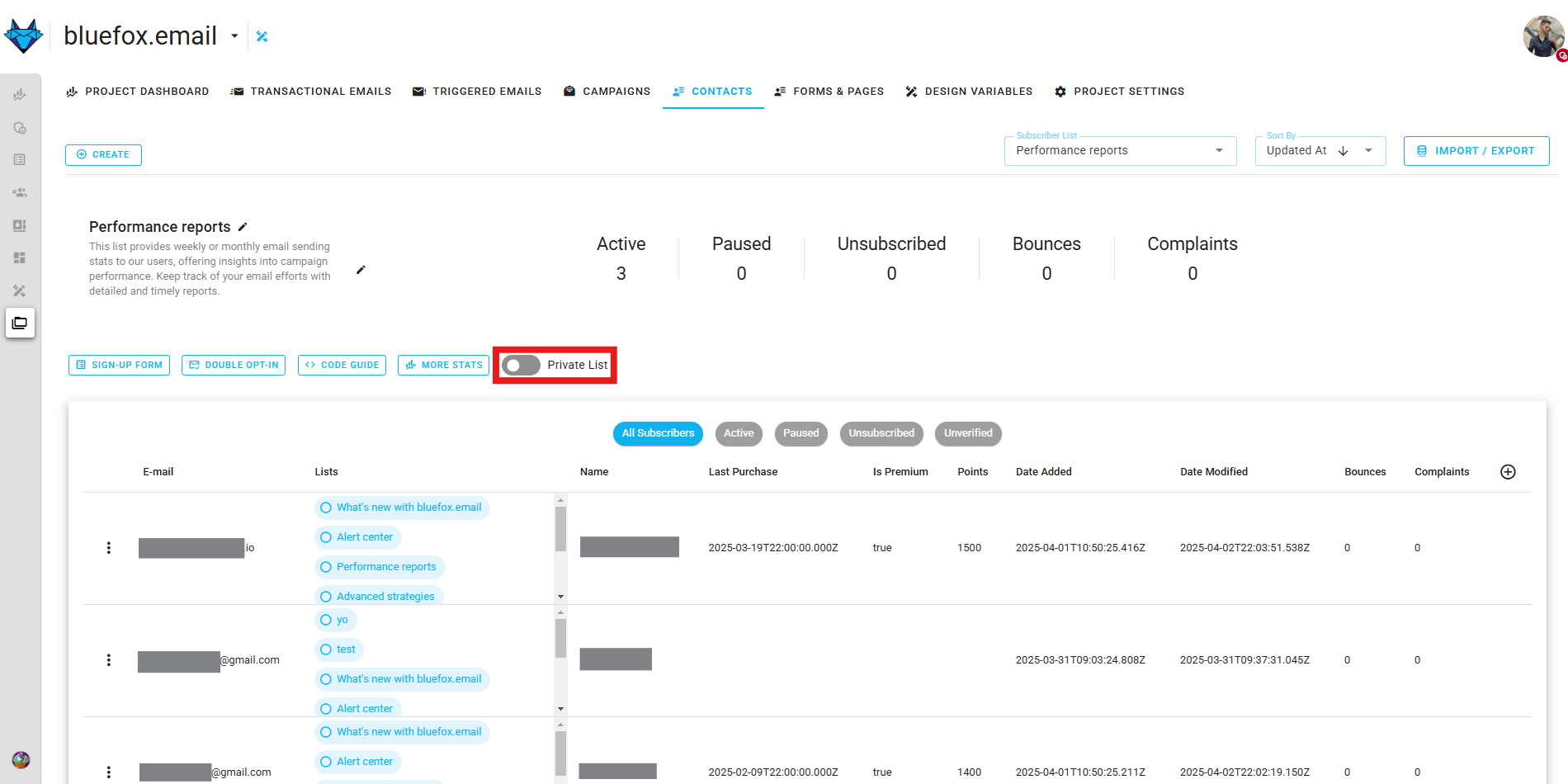 Screenshot of the subscriber lists page - public switch highlighted
