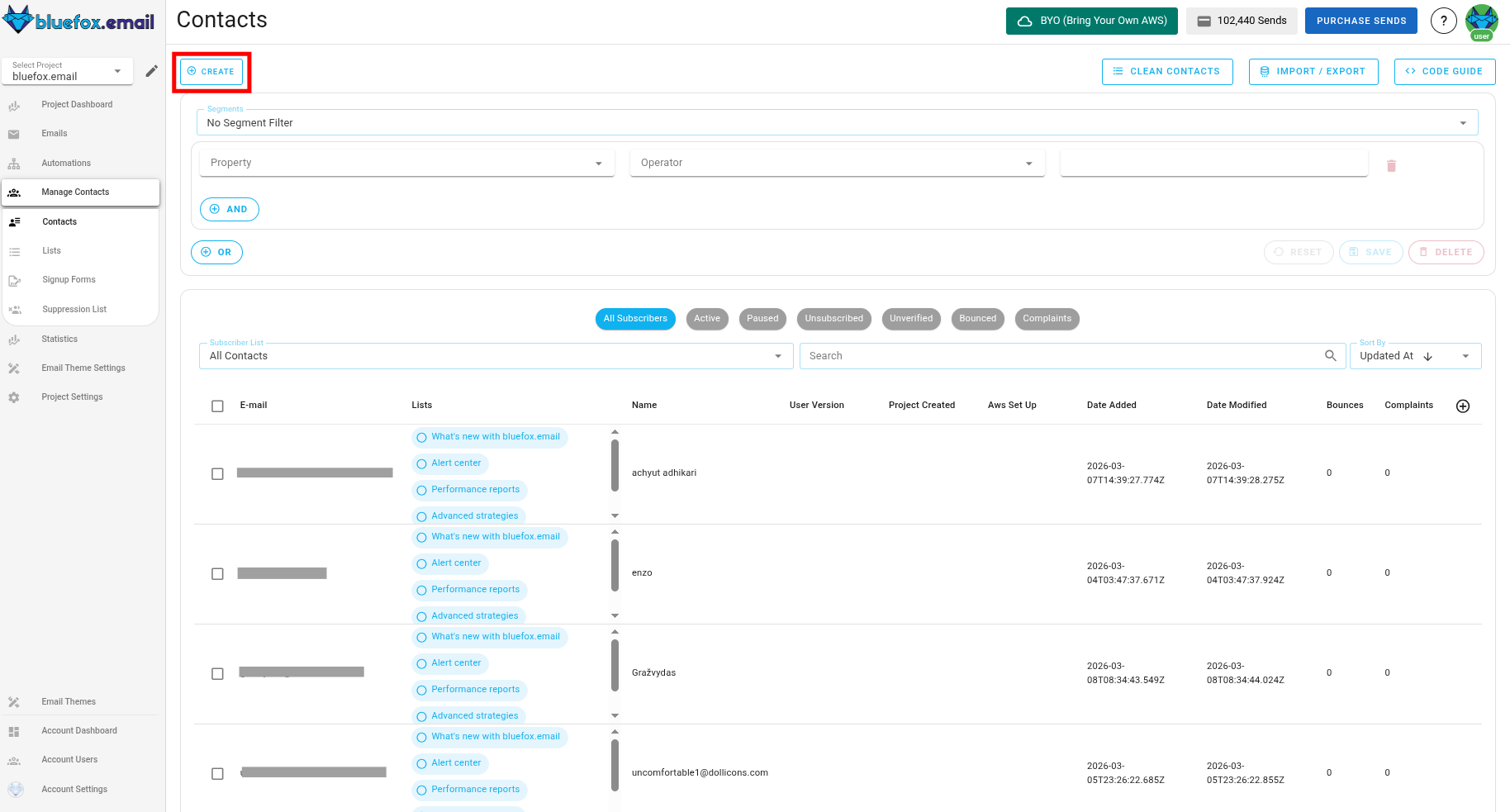 Screenshot of the subscriber lists page