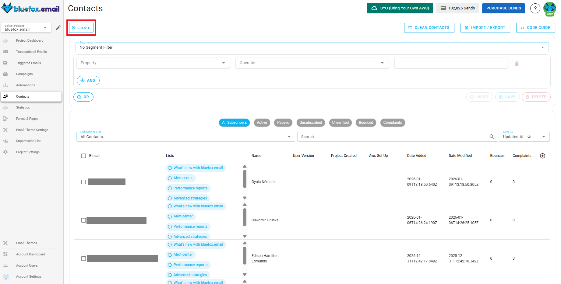 Screenshot of the subscriber lists page