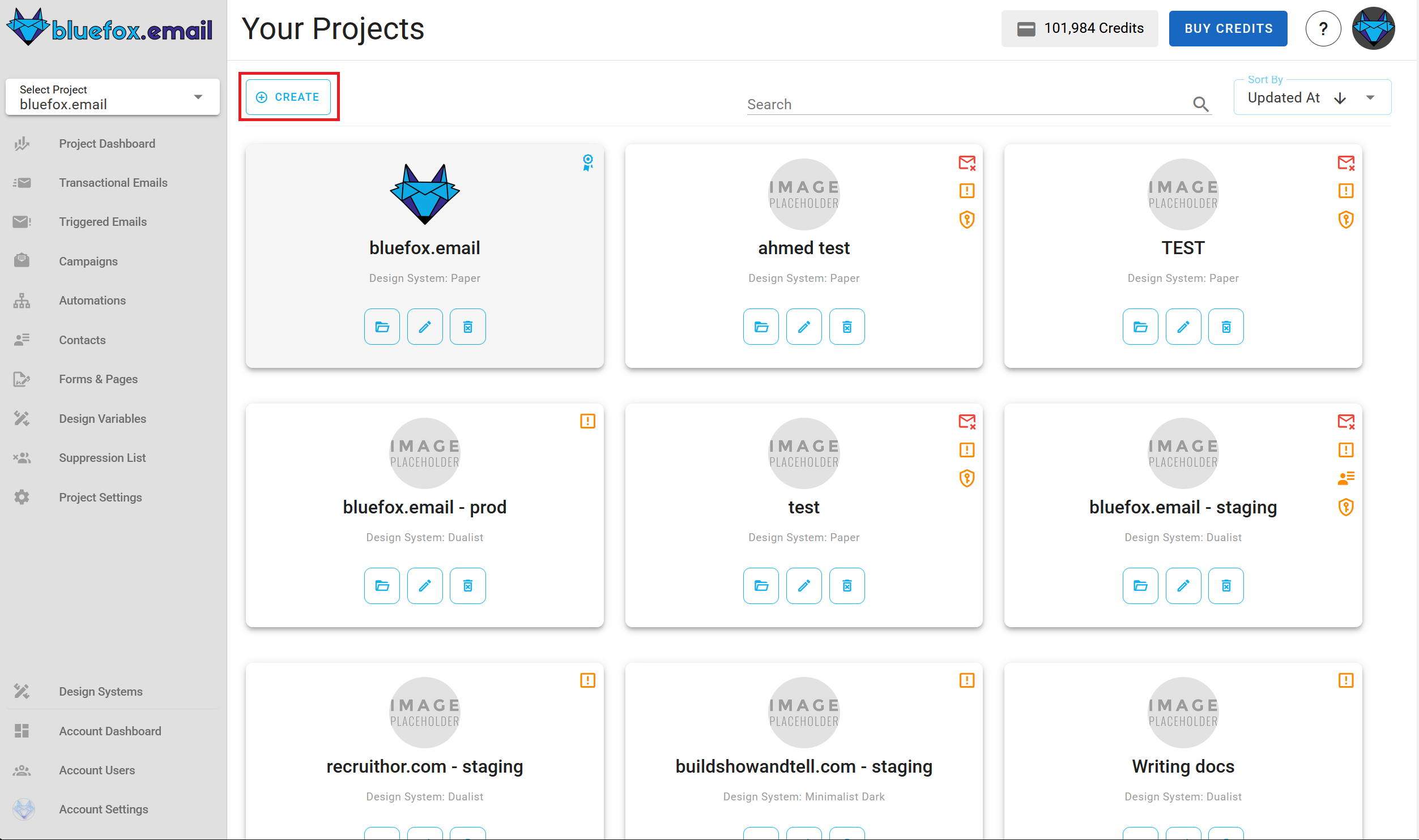 A screenshot of the projects view.