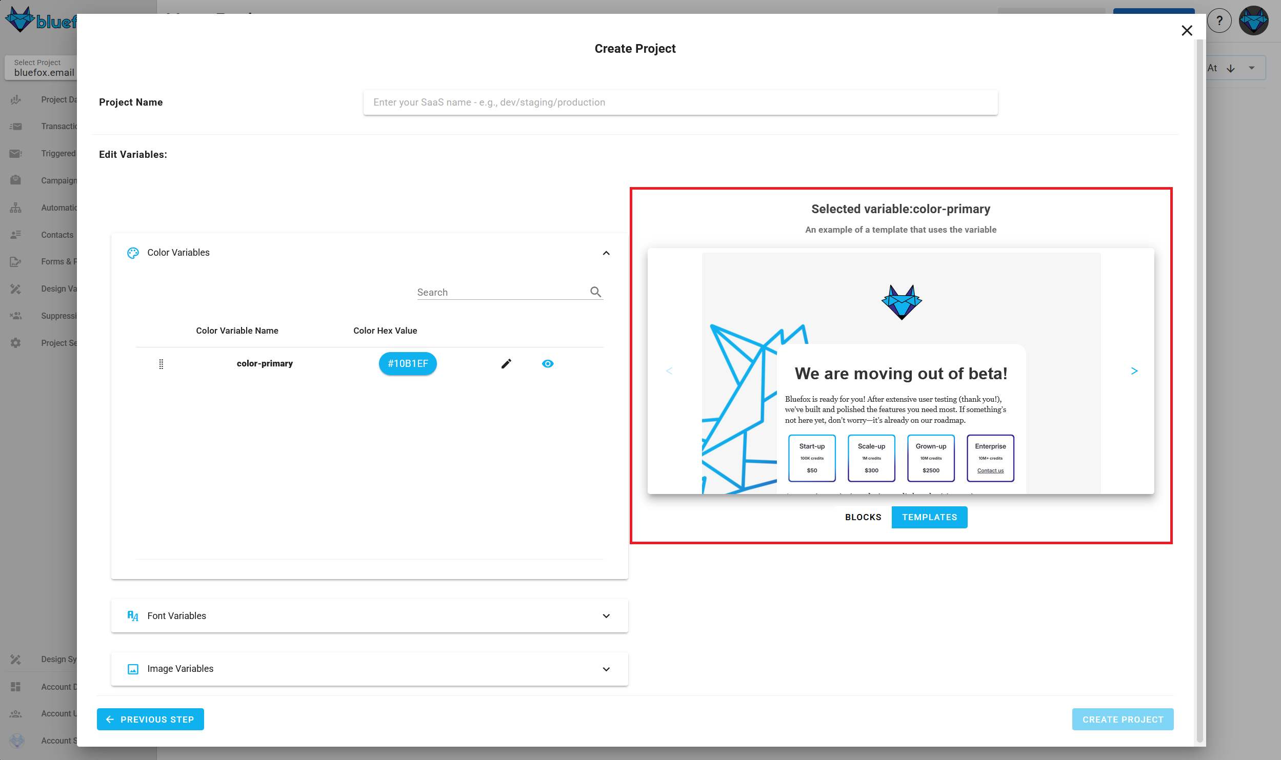 A screenshot of the project creation wizard's design system variables settings step - preview blocks and templates.