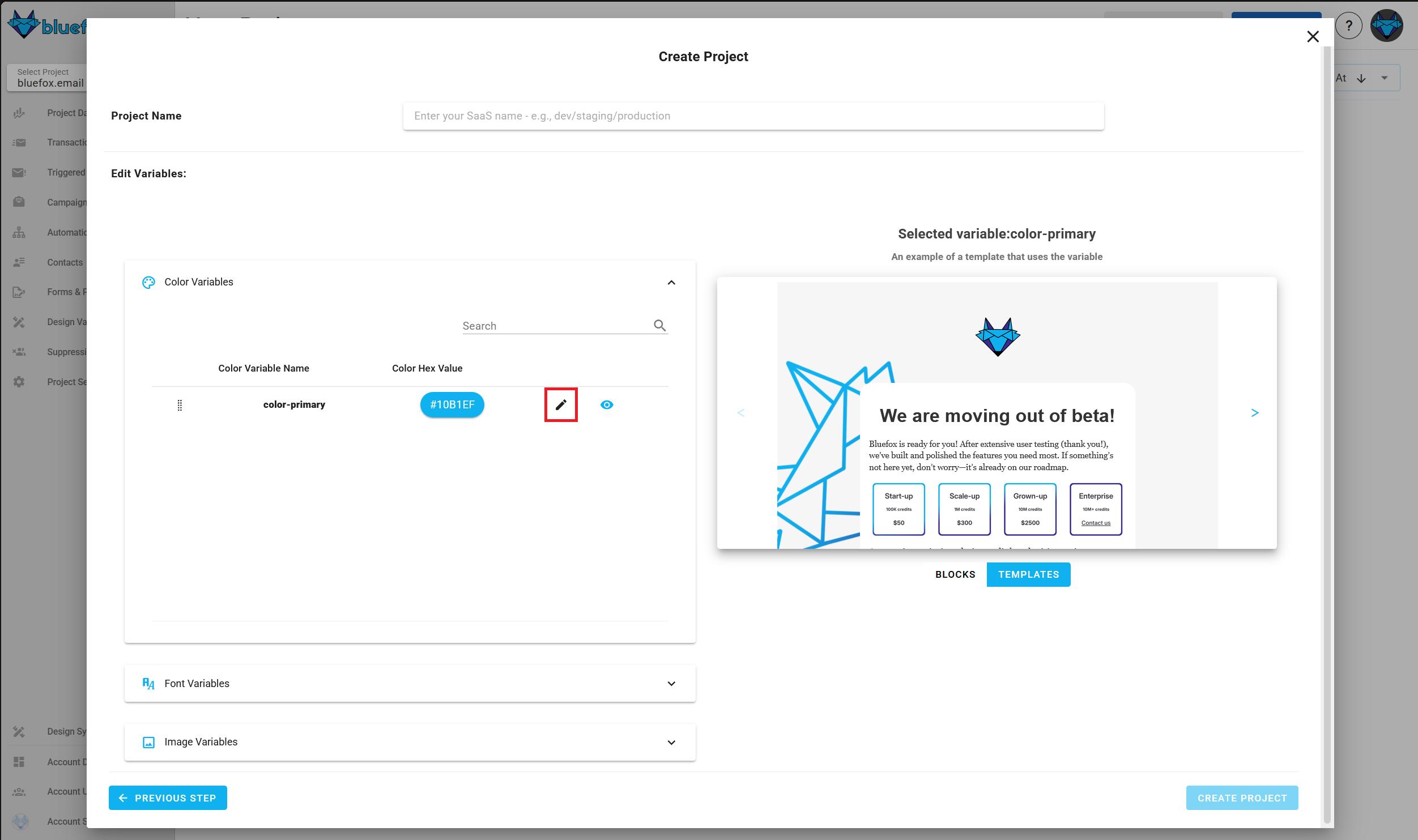 A screenshot of the project creation wizard's design system variables settings step.