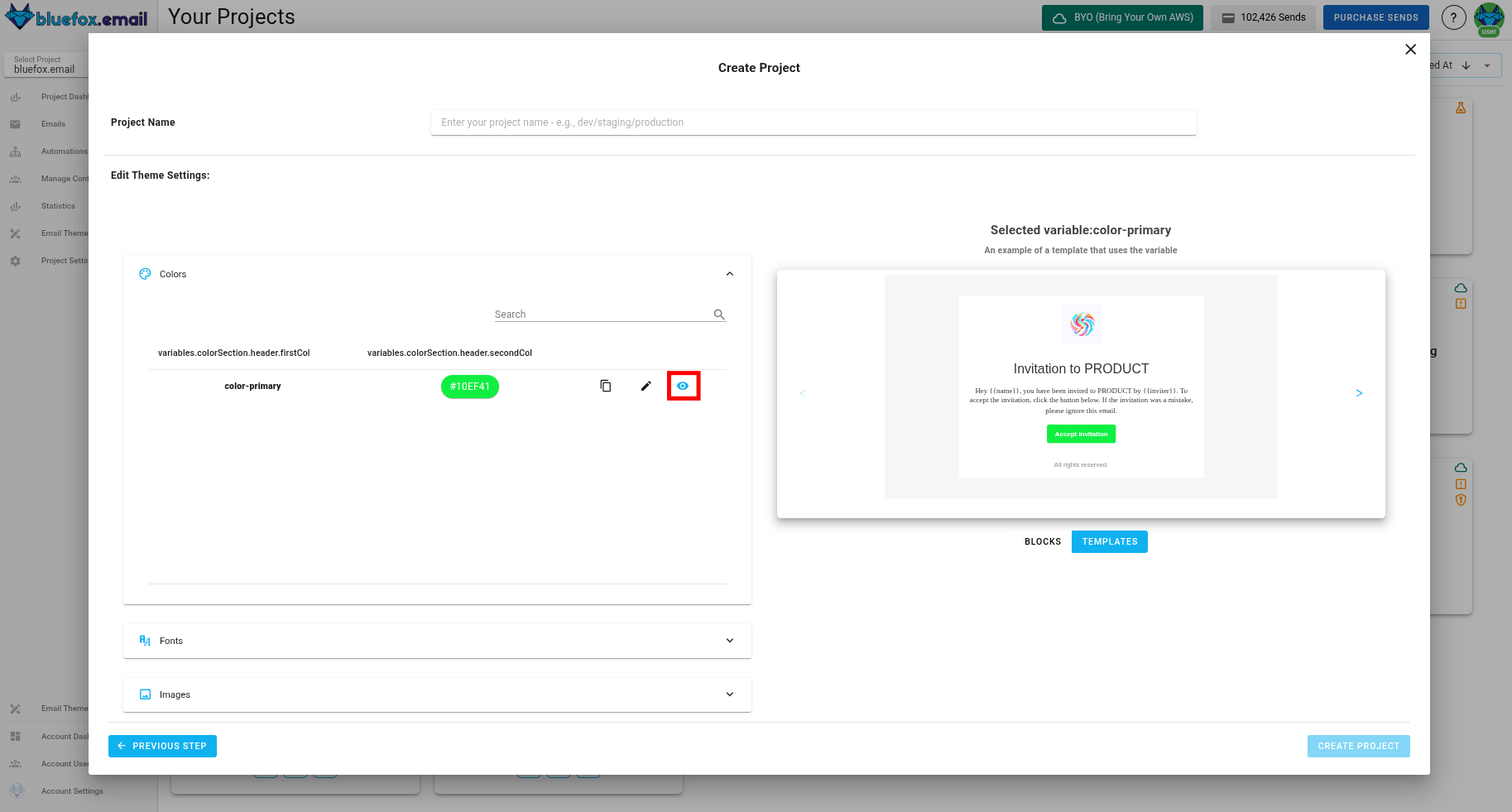 A screenshot of the project creation wizard's email theme basics settings step - preview variable icon.