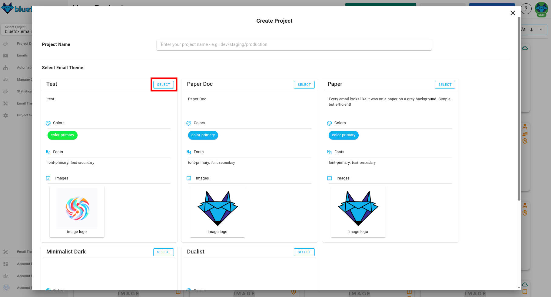 A screenshot of the project creation wizard's email theme selection step.