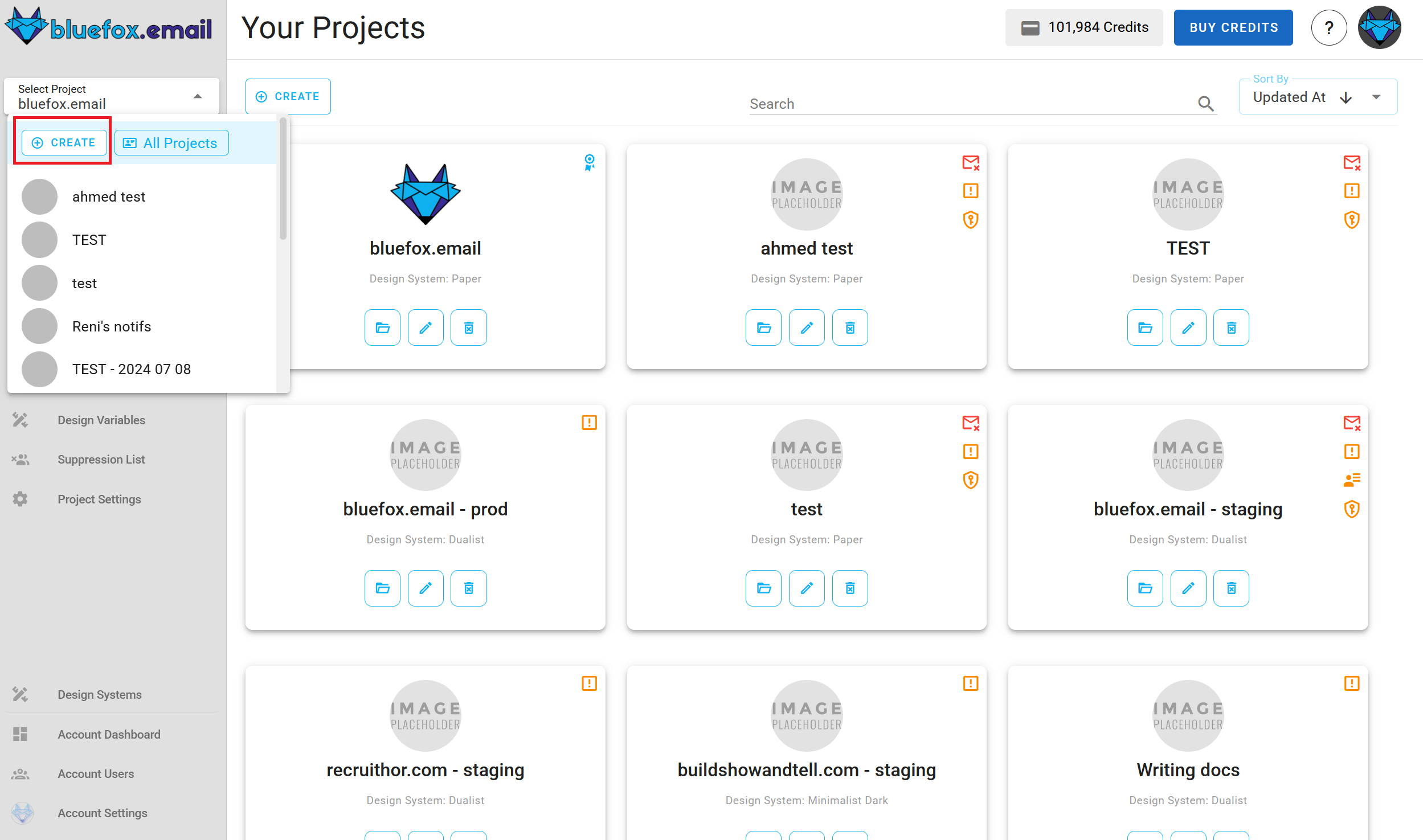 A screenshot of the projects view.