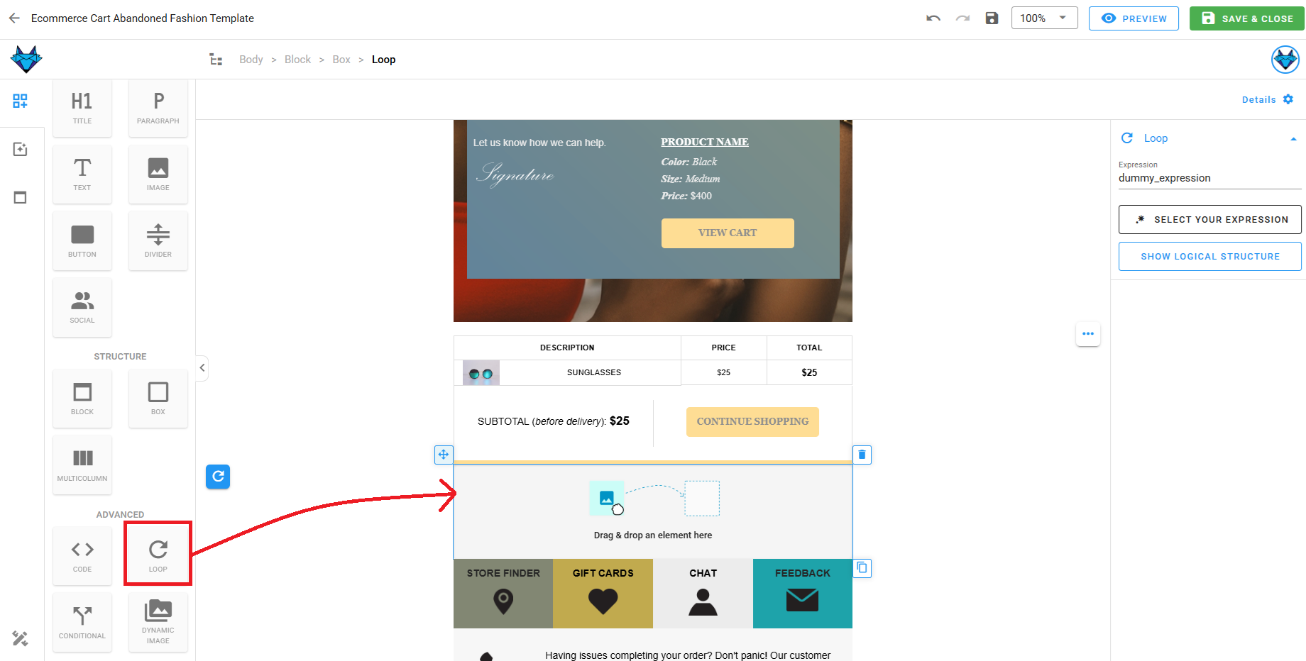 A screenshot of the editor with a Loop block being added to the email body.