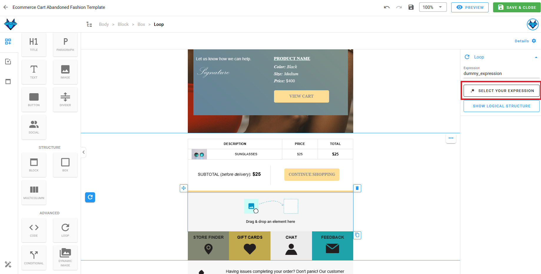 A screenshot of the Loop block settings with the expression dropdown open.