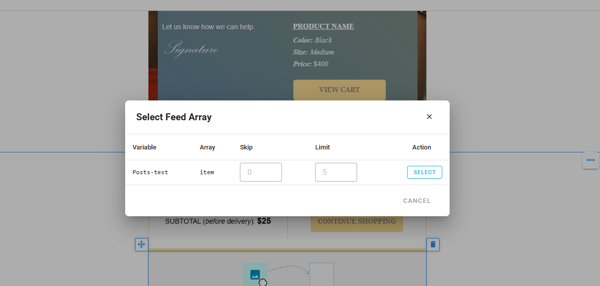 A screenshot of the Loop block settings showing the expression dropdown listing feed variable names, with Skip and Limit fields.