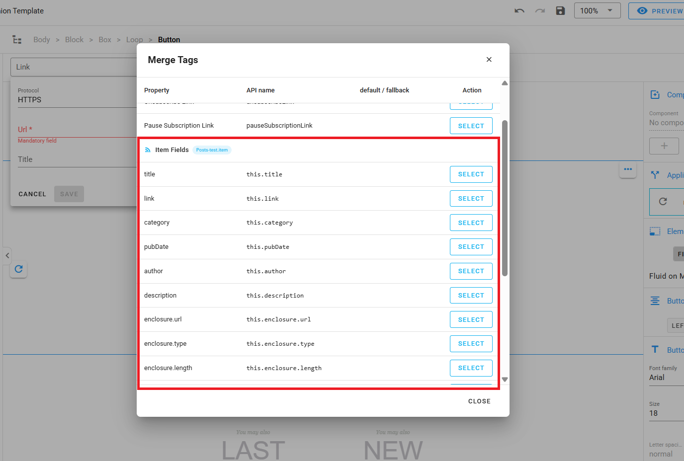 A screenshot of the merge tag picker inside a loop, showing per-item fields like title, link, description, enclosure.