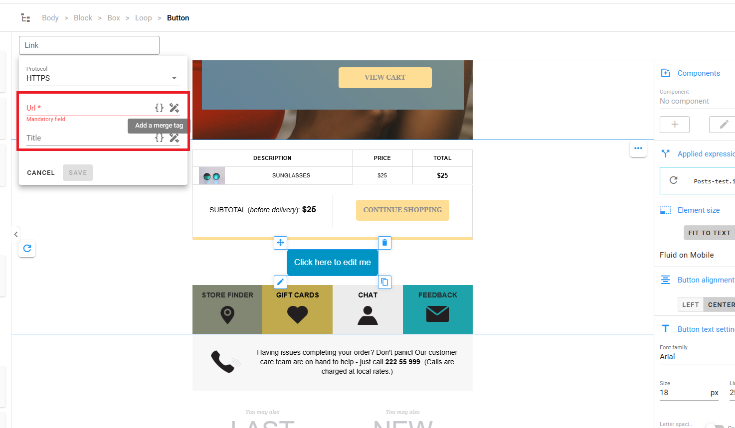 A screenshot of the editor with content blocks inside a loop, and the merge tag picker open showing item fields.