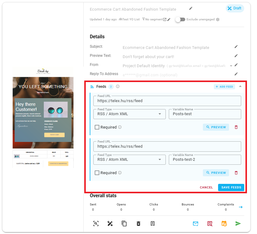 A screenshot of the Feeds section showing multiple feeds added to the same email.