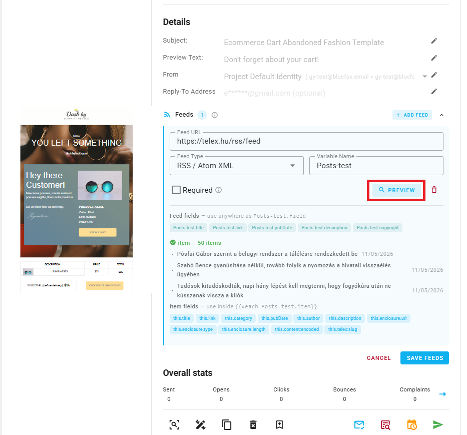 A screenshot of the feed form with the Preview button and the output showing sample items and fields.