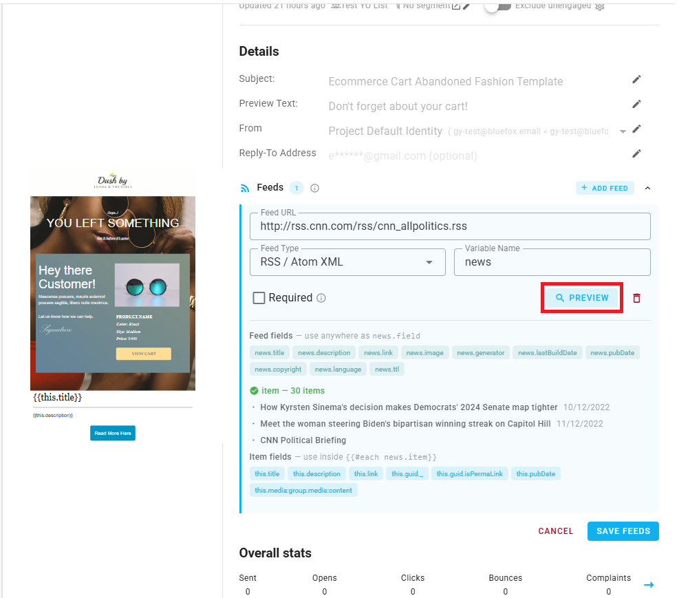 A screenshot of the feed form with the Preview button and the output showing sample items and fields.