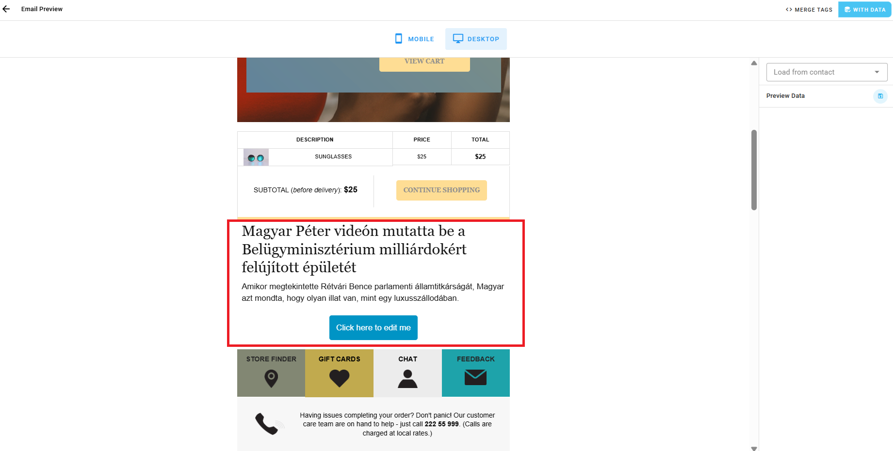A screenshot of the editor's Preview with data view showing an error message about a feed failing to load.