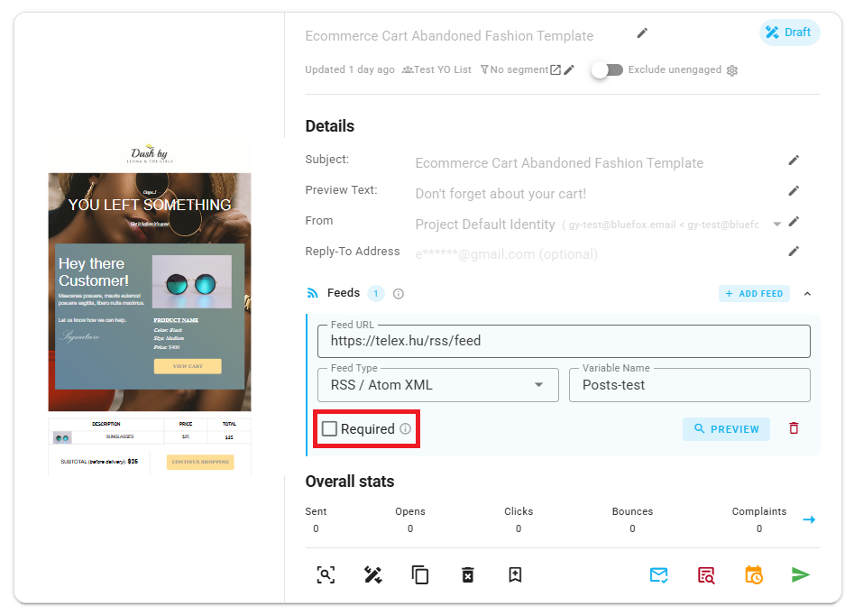 A screenshot of the feed form with the Required checkbox highlighted.