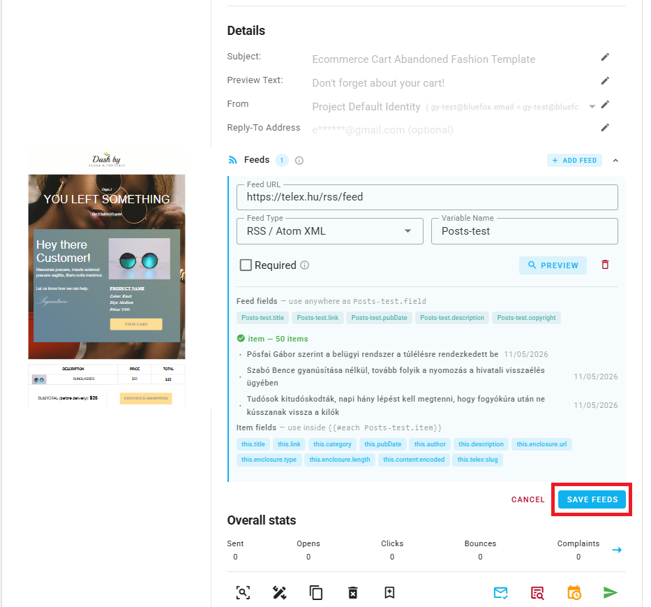 A screenshot of the feed form with the Save button highlighted.