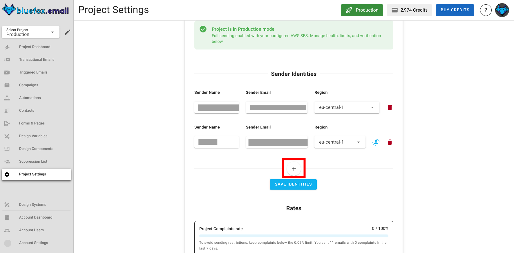 A screenshot of the project delivery mode settings with add identity button highlighted.