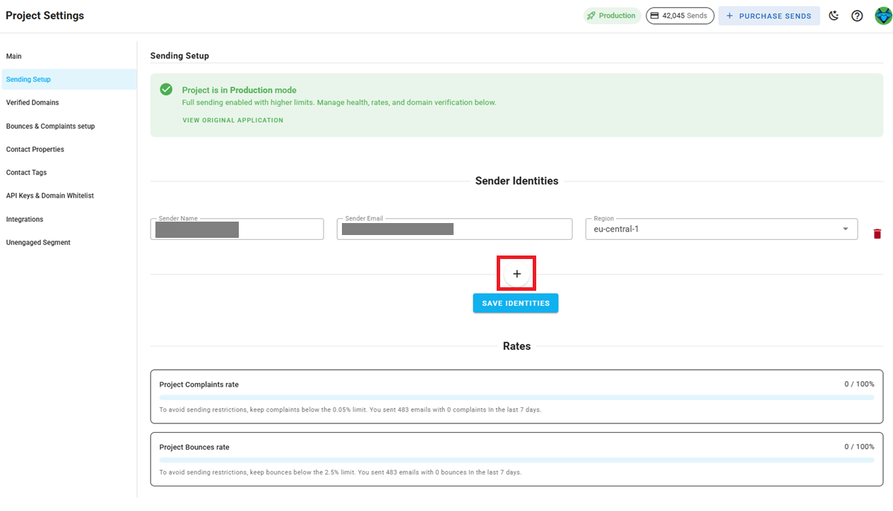 A screenshot of the project delivery mode settings with add identity button highlighted.