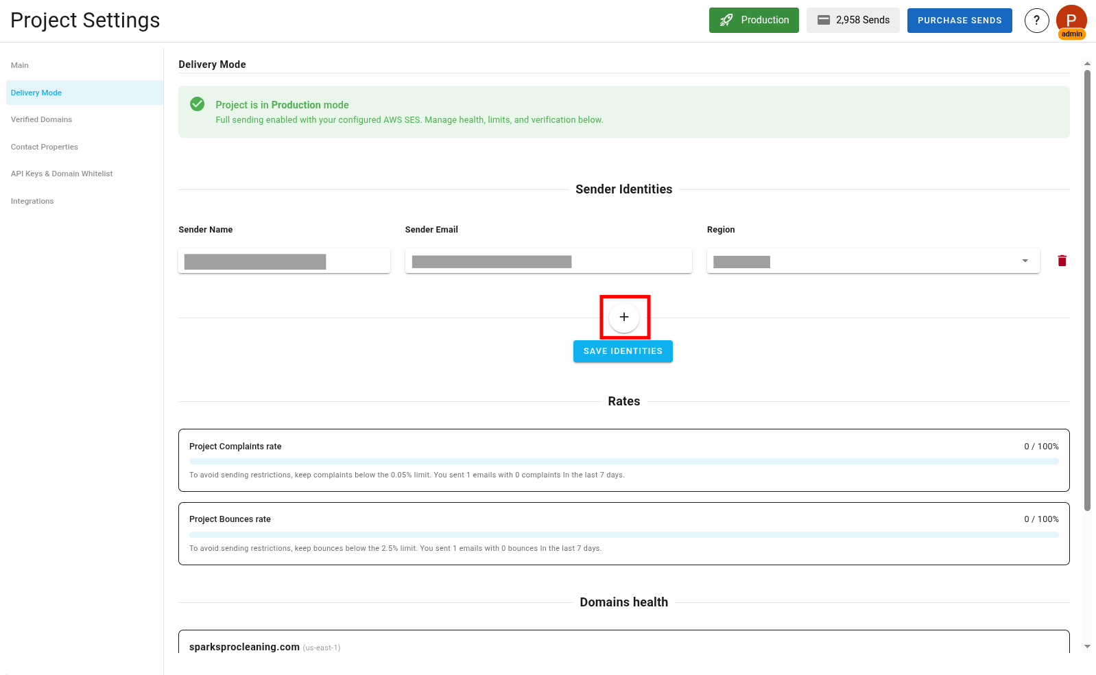 A screenshot of the project delivery mode settings with add identity button highlighted.