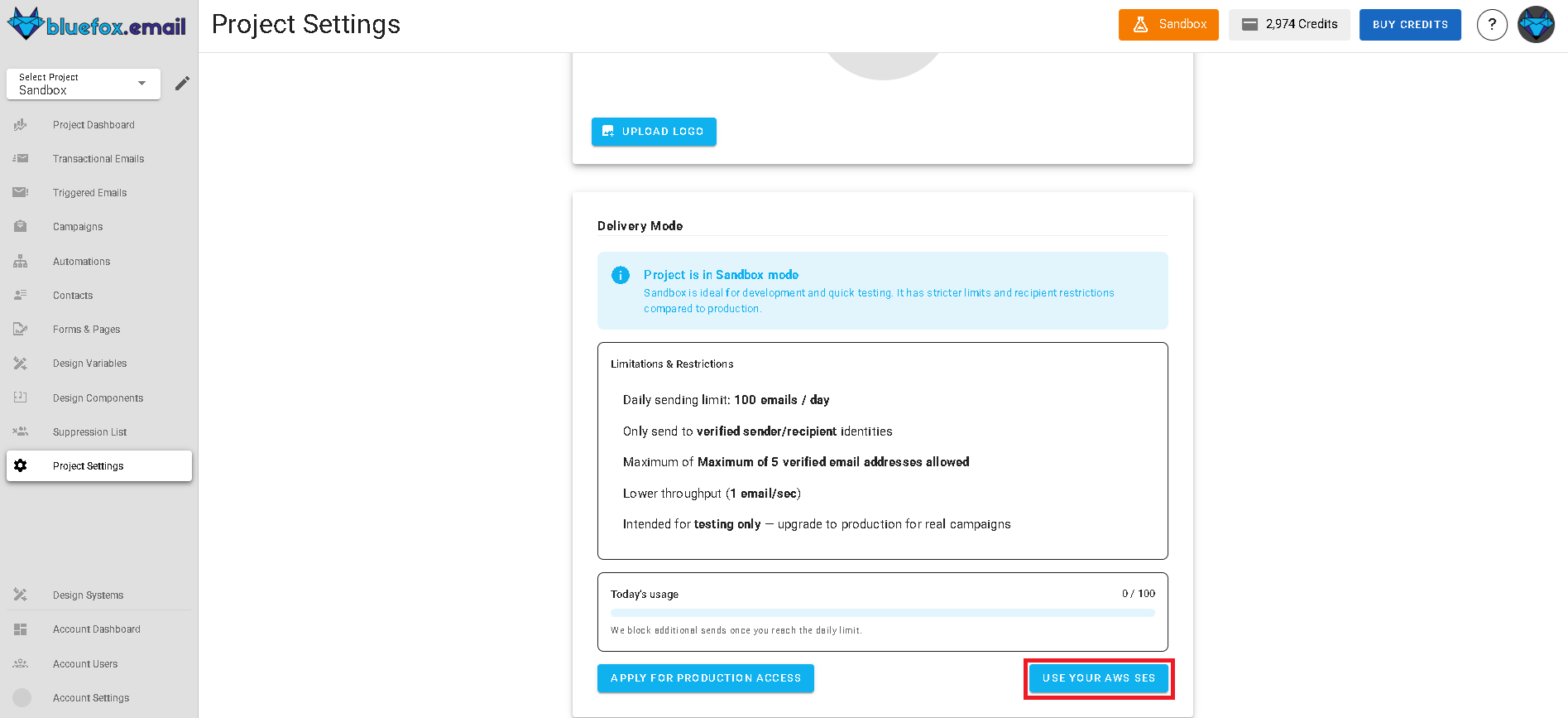 A screenshot of the project AWS settings.