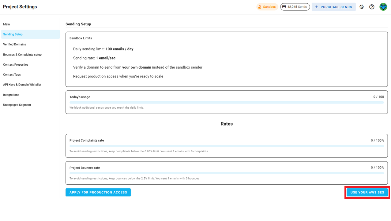 A screenshot of the project AWS settings.