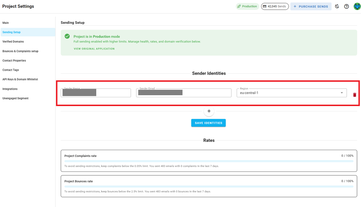 A screenshot of the project delivery mode settings with identities section.