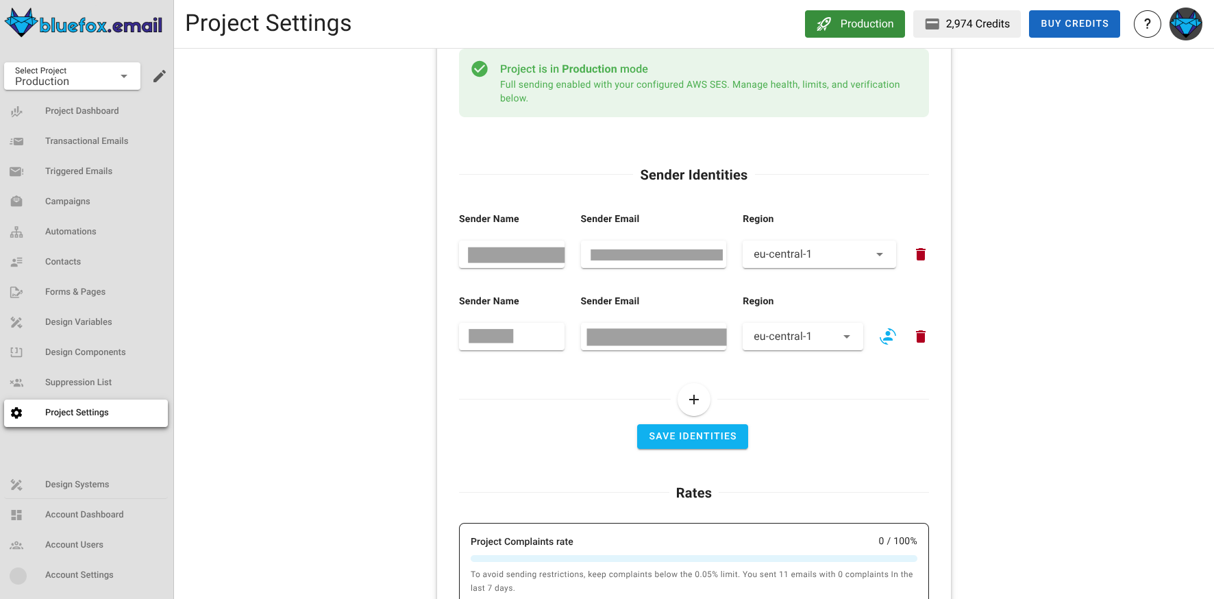 A screenshot of the project delivery mode settings with identities section.