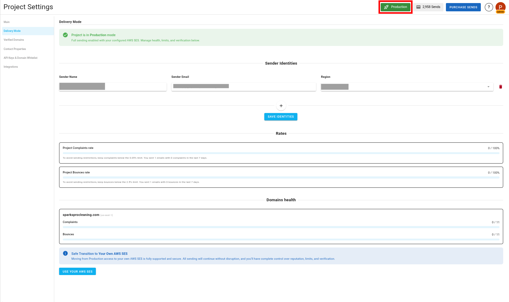 A screenshot of the project delivery mode settings with production mode badge.